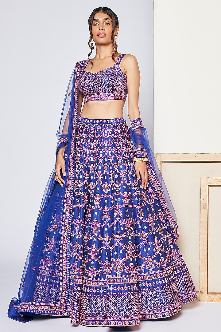 Blue Dupion Silk Embroidered Bridal Lehenga Set by Chamee and Palak at Pernia's Pop Up Shop