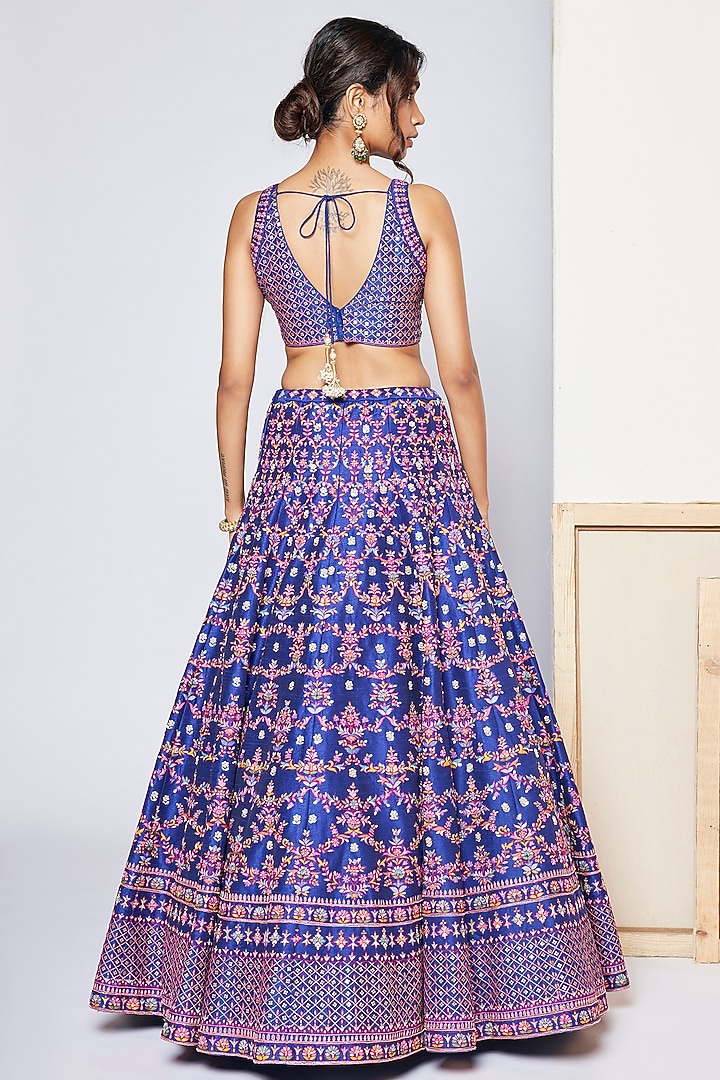 Blue Dupion Silk Embroidered Bridal Lehenga Set by Chamee and Palak at Pernia's Pop Up Shop