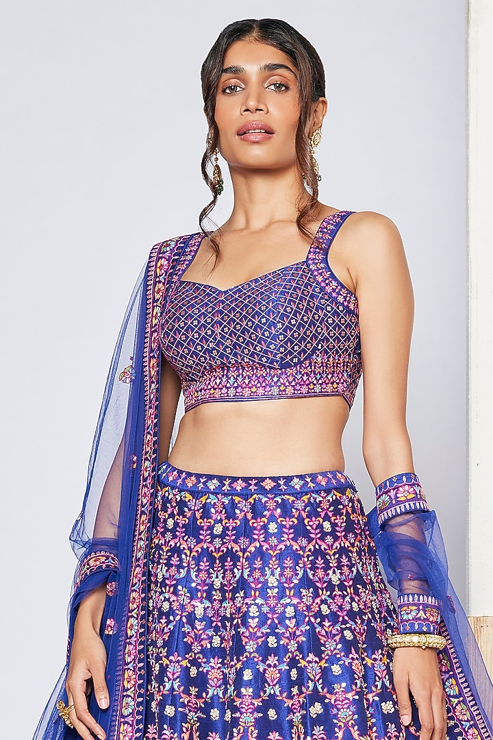 Blue Dupion Silk Embroidered Bridal Lehenga Set by Chamee and Palak at Pernia's Pop Up Shop