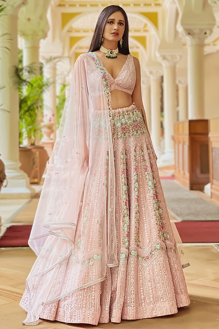 Pink Organza Embroidered Lehenga Set by Chamee and Palak