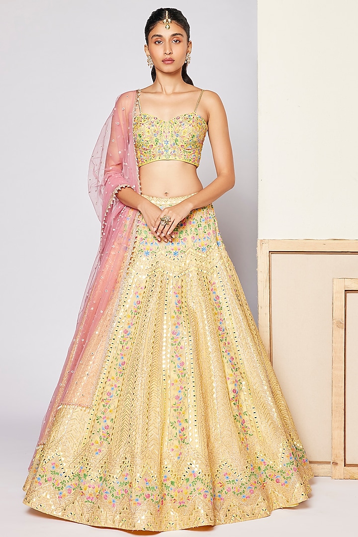 Yellow Organza Embroidered Lehenga Set by Chamee and Palak