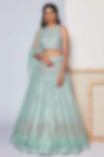 Blue Net Embroidered Wedding Lehenga Set by Chamee and Palak at Pernia's Pop Up Shop