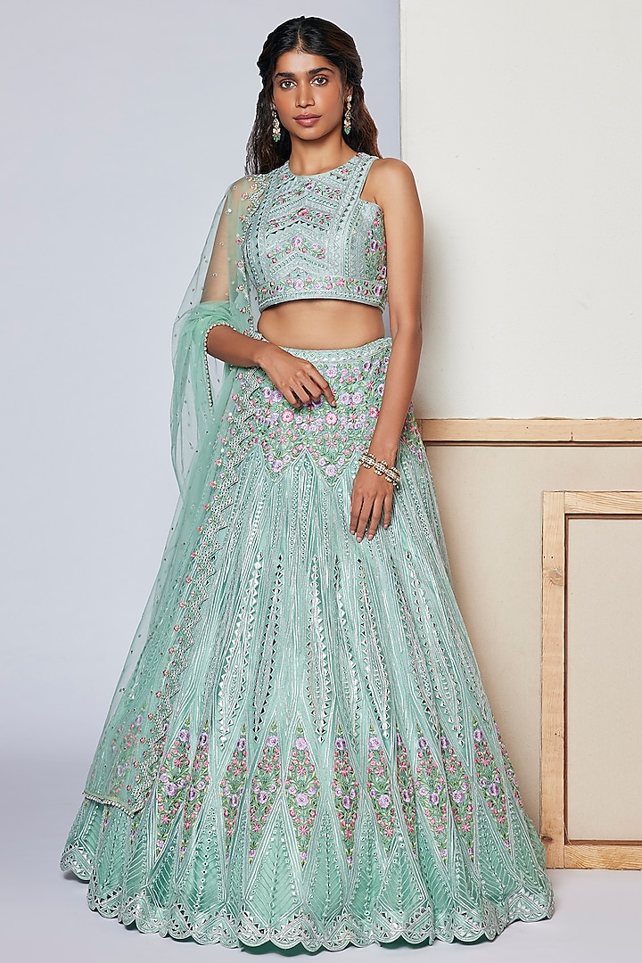 Blue Net Embroidered Wedding Lehenga Set by Chamee and Palak at Pernia's Pop Up Shop
