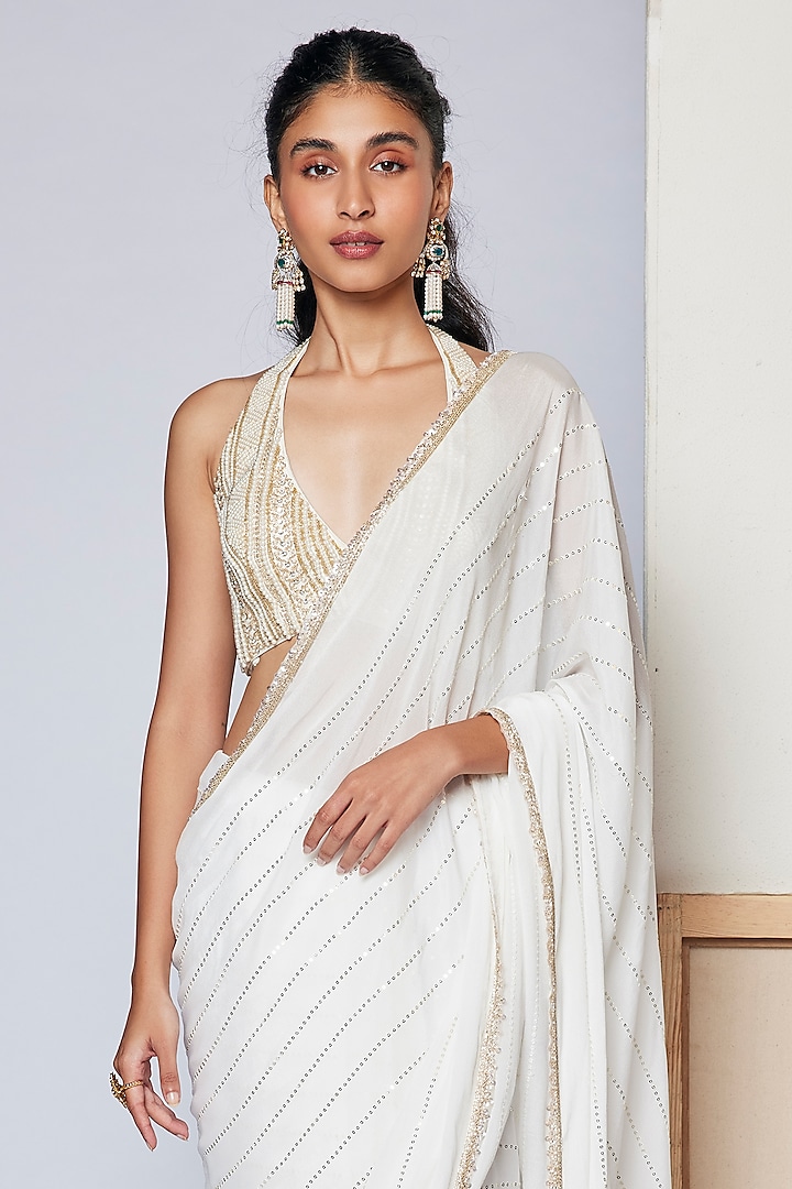 White Embroidered Saree Set by Chamee and Palak