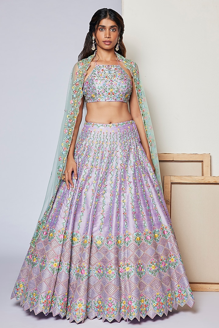 Lavender Silk Embroidered Lehenga Set by Chamee and Palak