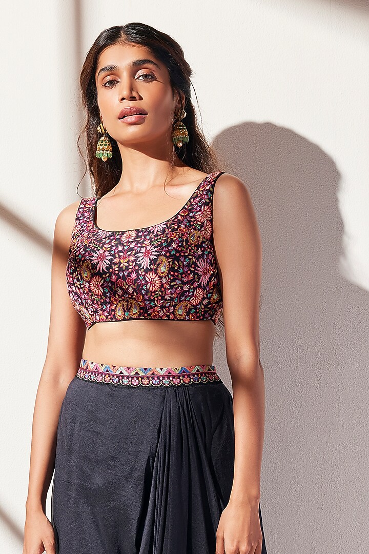 Black Crepe Draped Skirt Set by Chamee and Palak at Pernia's Pop Up Shop