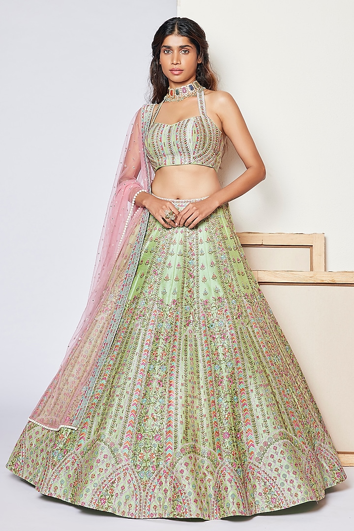 Green Dupion Embroidered Lehenga Set by Chamee and Palak