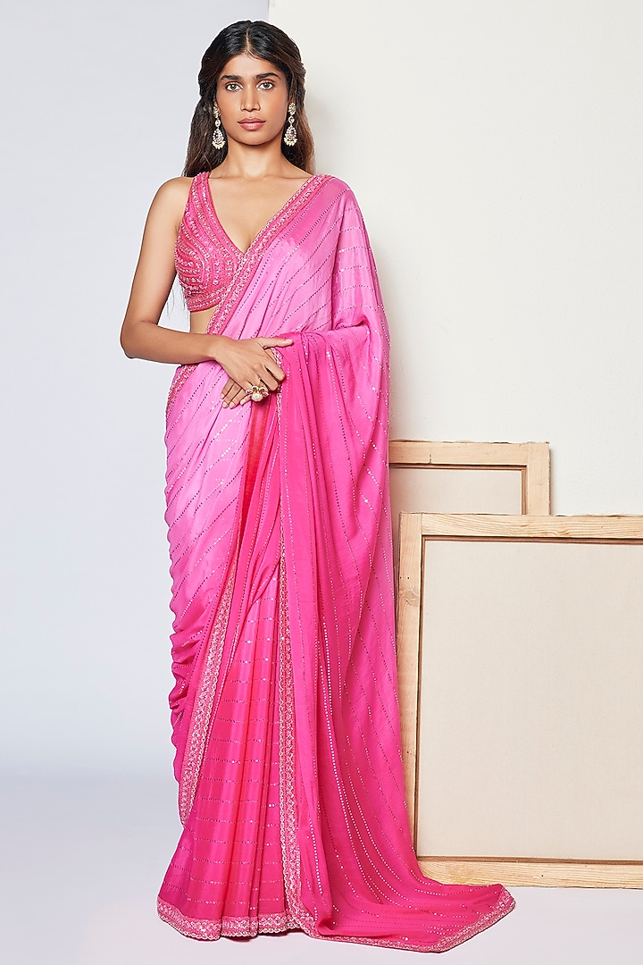 Pink Embroidered Wedding Saree Set by Chamee and Palak at Pernia's Pop Up Shop