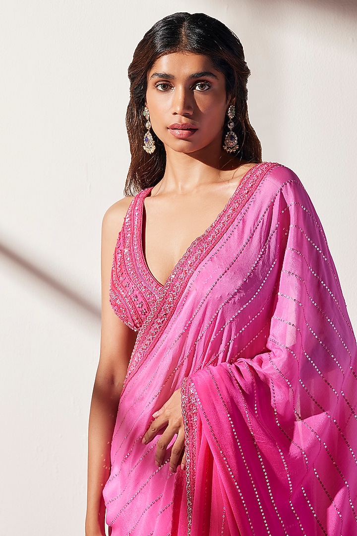 Pink Embroidered Wedding Saree Set by Chamee and Palak at Pernia's Pop Up Shop