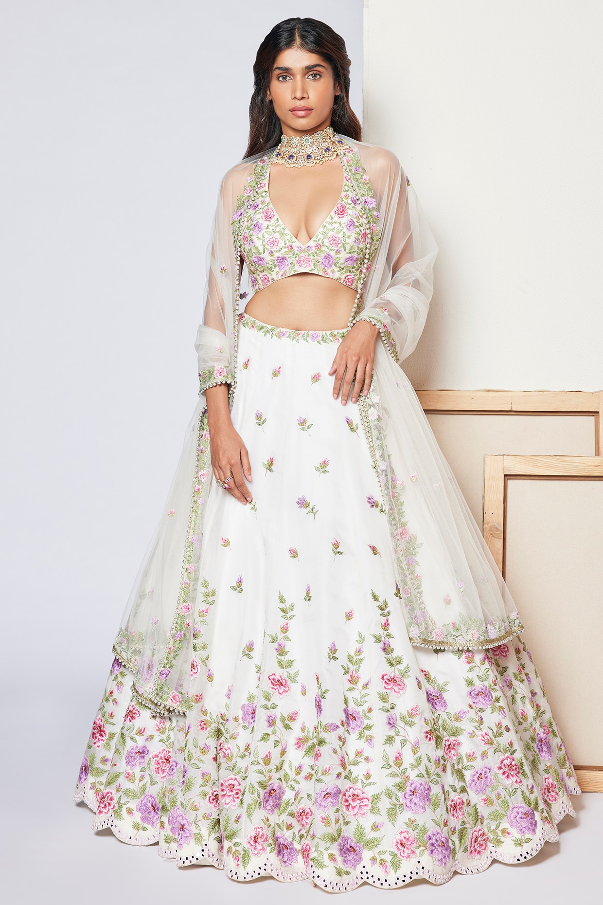 Buy Peach Net Embroidered Sequin Sweetheart Tishani Tulle Lehenga Set For  Women by Chamee and Palak Online at Aza Fashions.