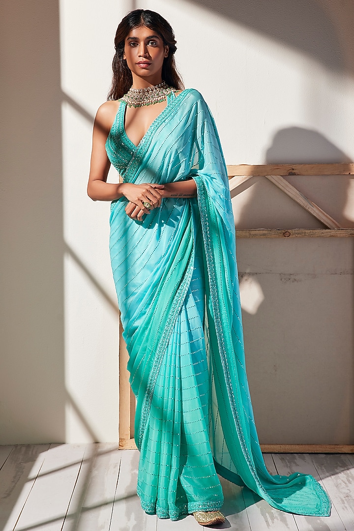 Blue Embroidered Wedding Saree Set by Chamee and Palak at Pernia's Pop Up Shop