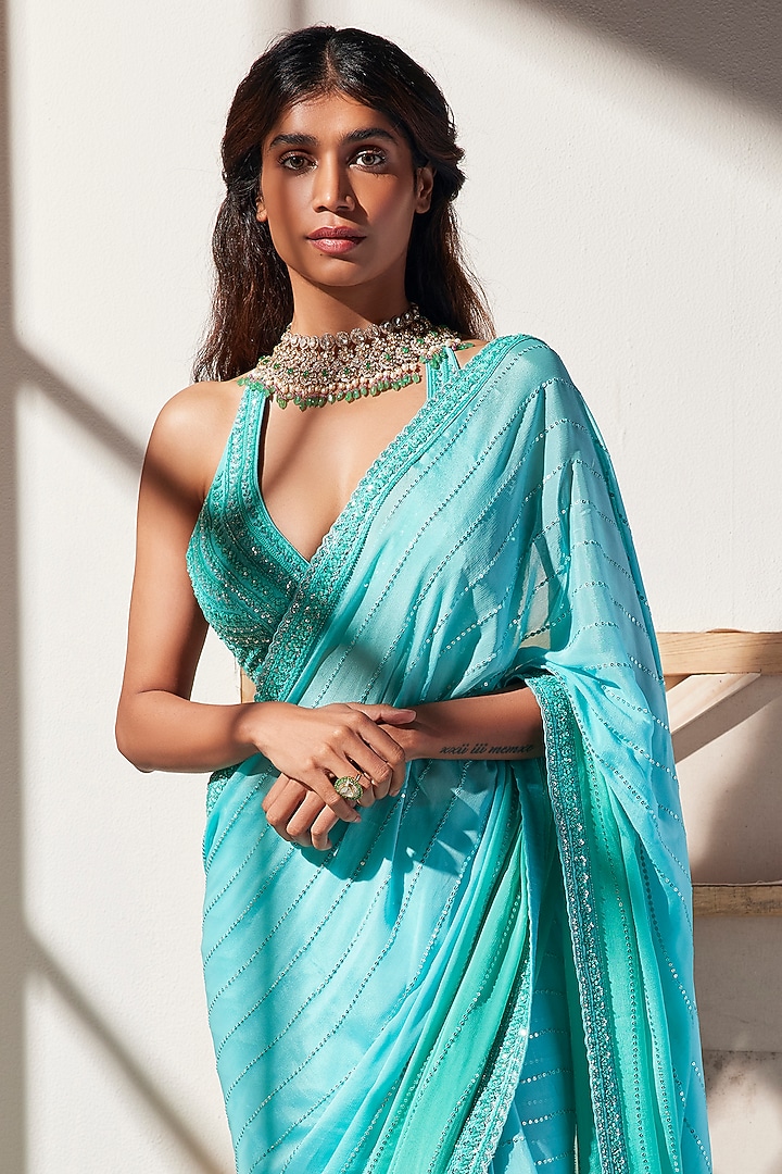 Blue Embroidered Wedding Saree Set by Chamee and Palak at Pernia's Pop Up Shop