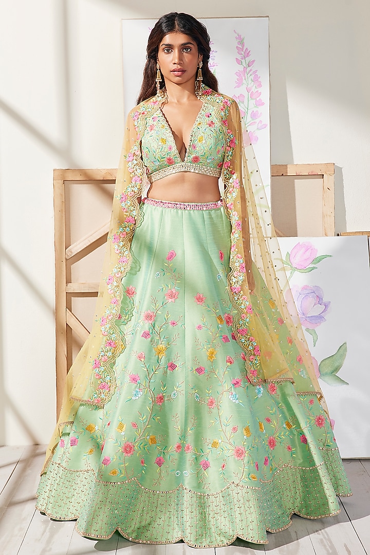 Green Dupion Embroidered Lehenga Set by Chamee and Palak