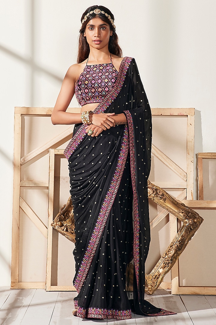 Black Embroidered Saree Set by Chamee and Palak