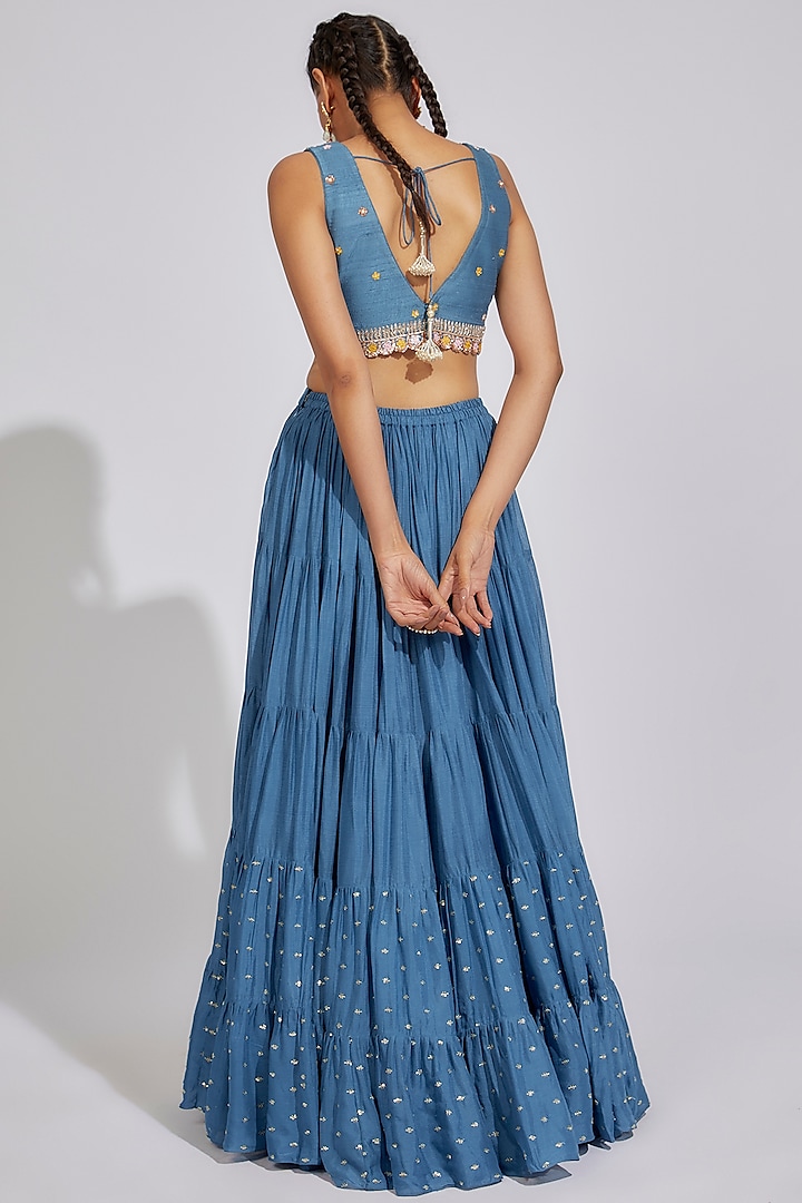 Blue Georgette Tiered Wedding Lehenga Set by Chamee and Palak at Pernia's Pop Up Shop