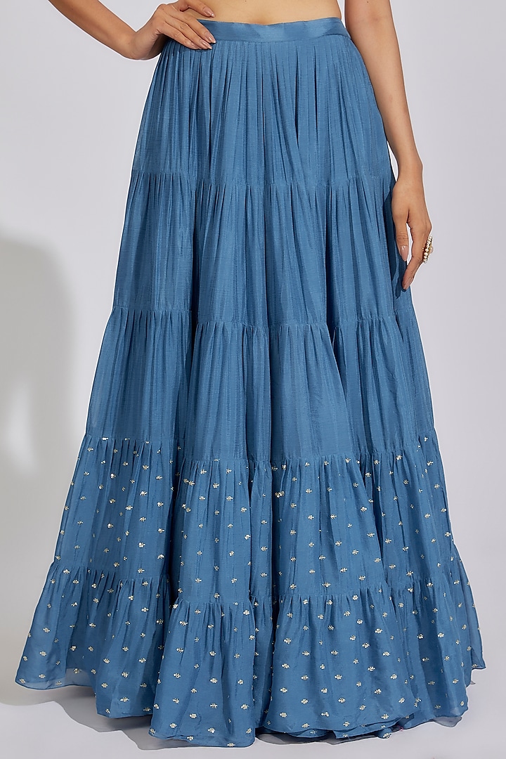 Blue Georgette Tiered Wedding Lehenga Set by Chamee and Palak at Pernia's Pop Up Shop