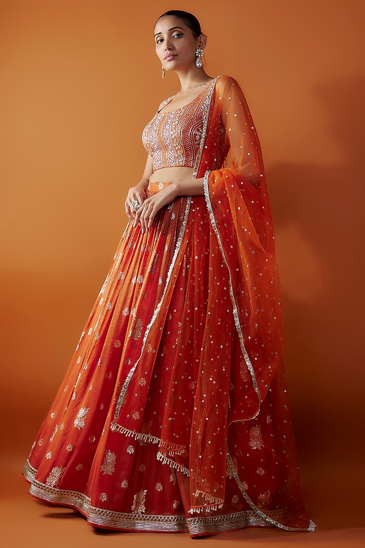 Rust Jamawar Zardosi Embroidered Flared Wedding Lehenga Set by Chamee and Palak at Pernia's Pop Up Shop