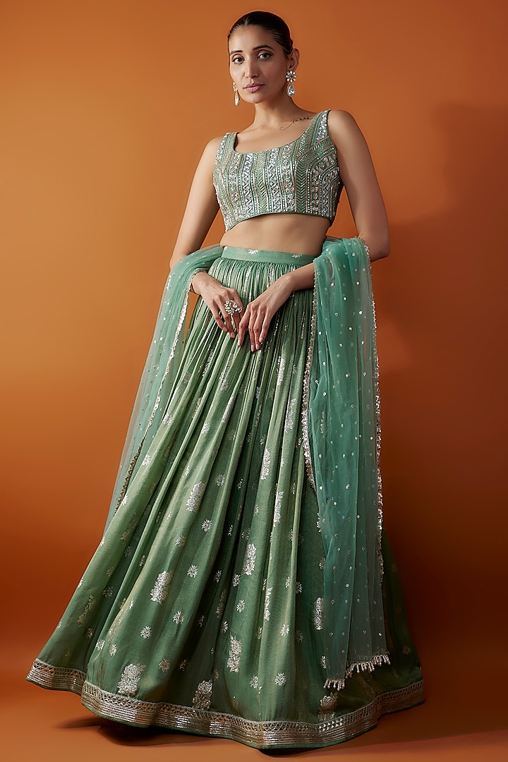 Green Jamawar Zardosi Embroidered Flared Lehenga Set Design by Chamee ...