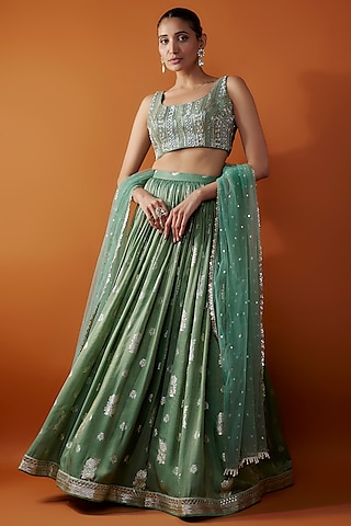 Green Jamawar Zardosi Embroidered Flared Lehenga Set by Chamee and Palak