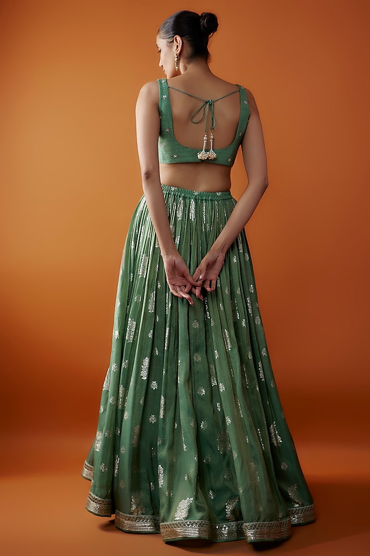Green Jamawar Zardosi Embroidered Flared Wedding Lehenga Set by Chamee and Palak at Pernia's Pop Up Shop