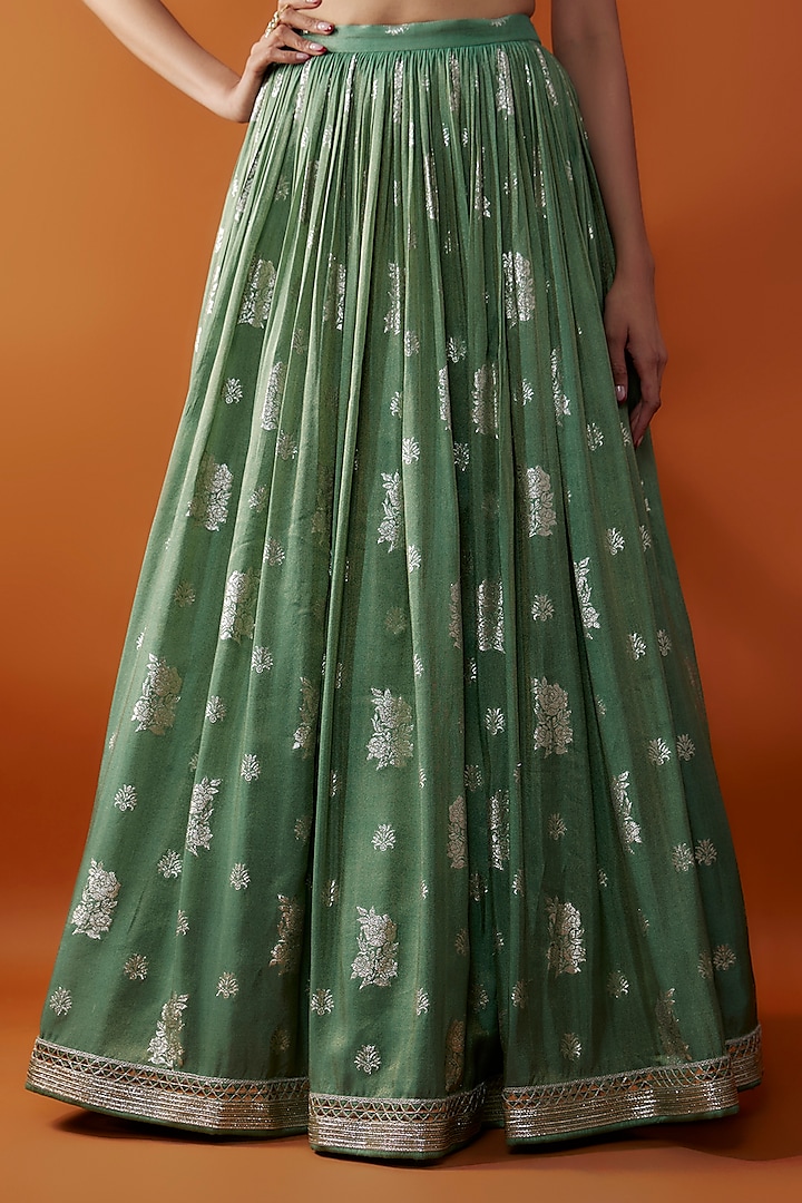 Green Jamawar Zardosi Embroidered Flared Wedding Lehenga Set by Chamee and Palak at Pernia's Pop Up Shop