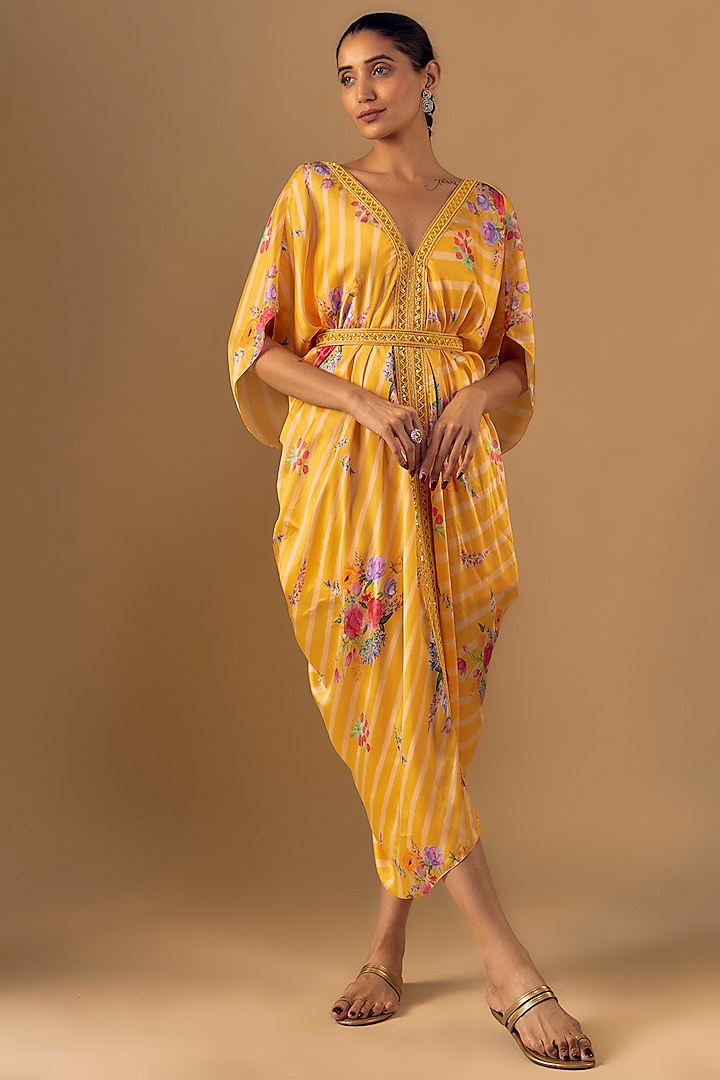 Yellow Satin Floral Printed Kaftan With Embroidered Belt by Chamee and Palak