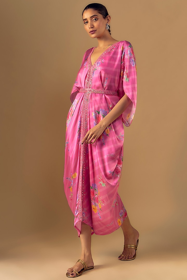 Pink Satin Floral Printed Kaftan With Embroidered Belt by Chamee and Palak