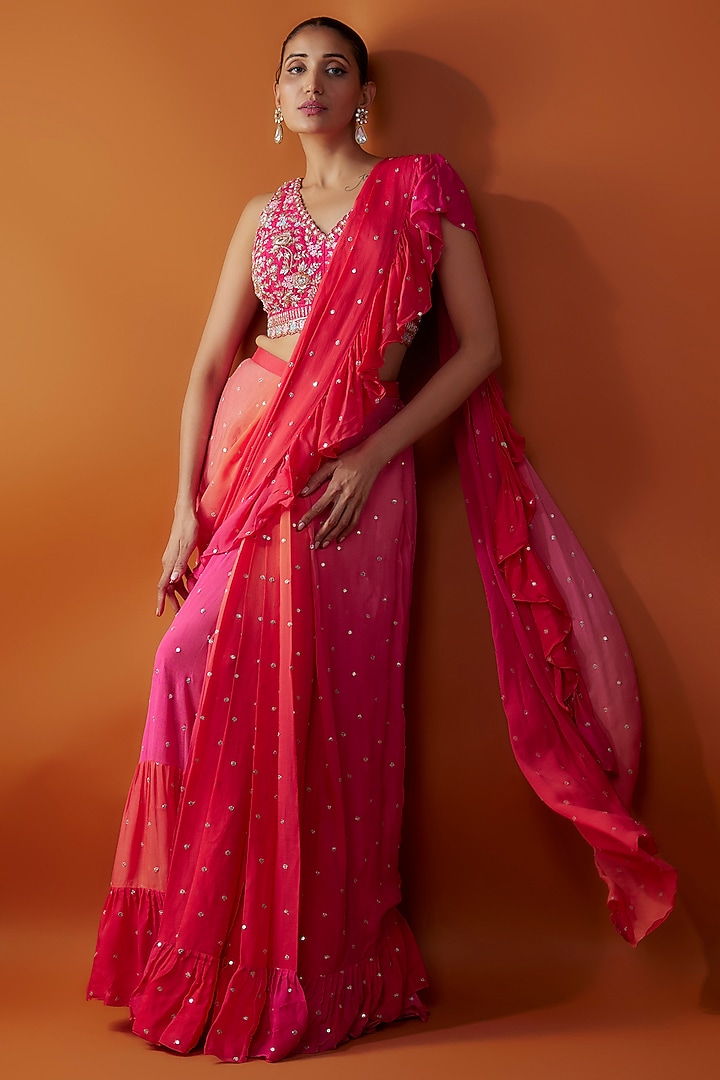Pink Georgette & Raw Silk Zardosi Embroidered Pre-Stitched Ruffled Wedding Saree Set by Chamee and Palak at Pernia's Pop Up Shop
