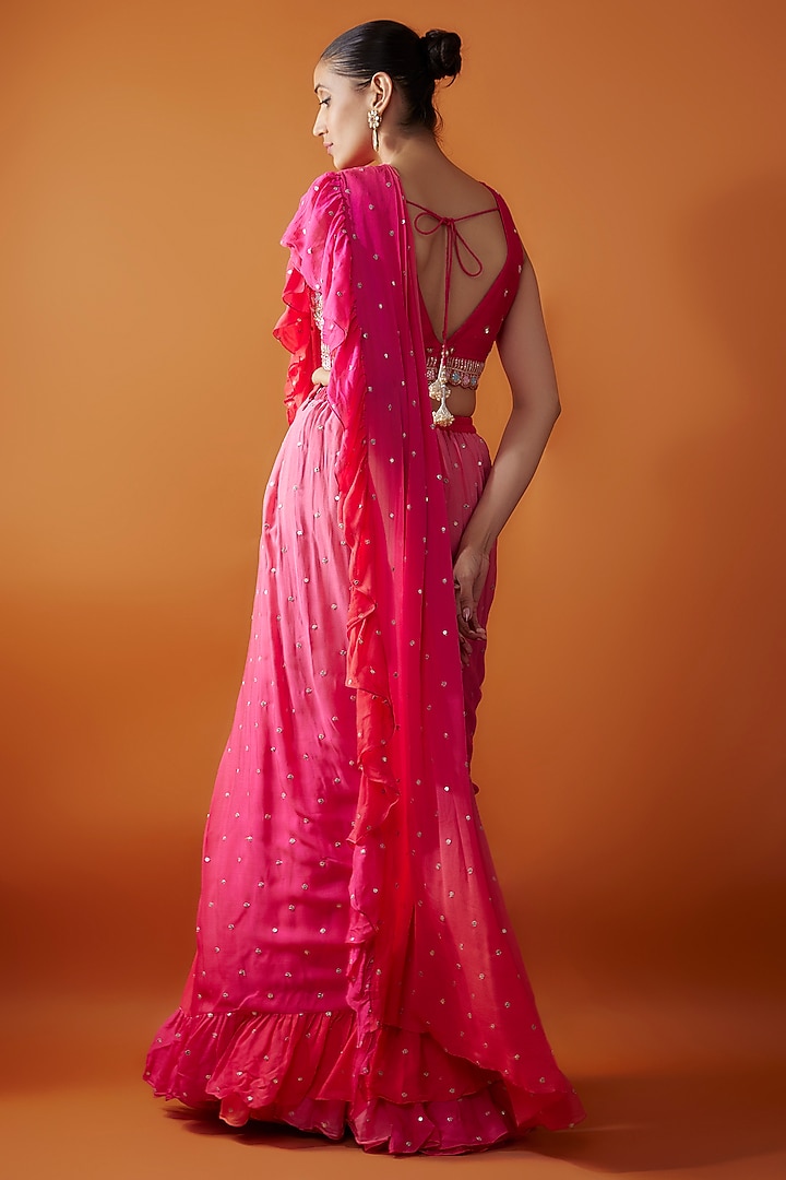 Pink Georgette & Raw Silk Zardosi Embroidered Pre-Stitched Ruffled Wedding Saree Set by Chamee and Palak at Pernia's Pop Up Shop