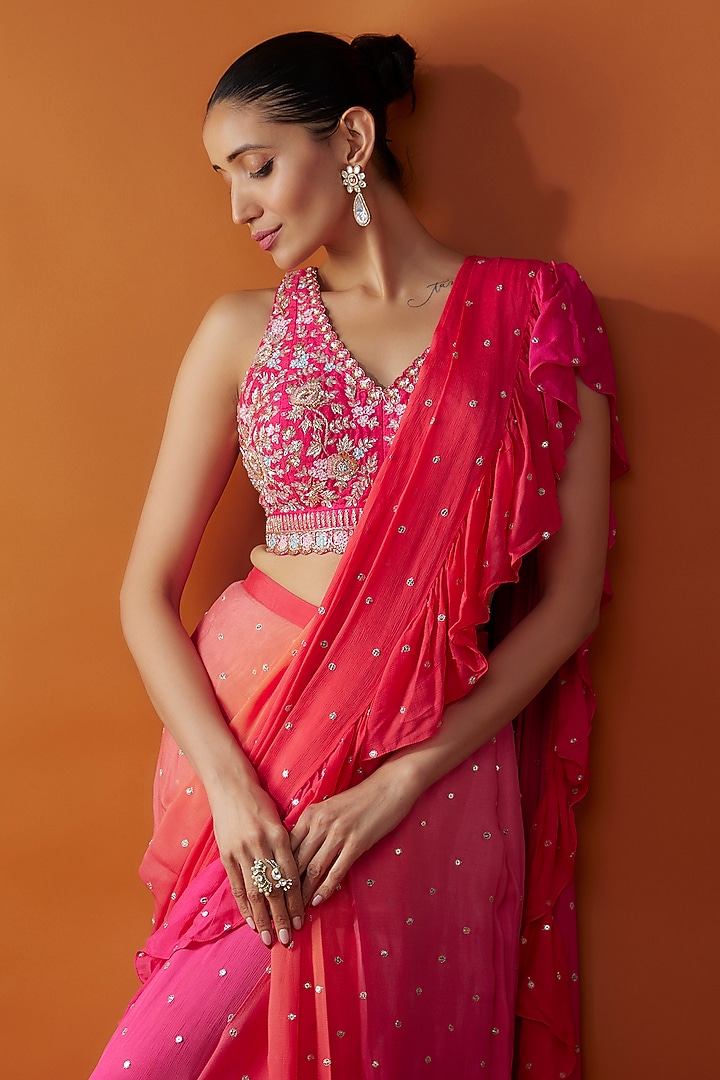 Pink Georgette & Raw Silk Zardosi Embroidered Pre-Stitched Ruffled Wedding Saree Set by Chamee and Palak at Pernia's Pop Up Shop