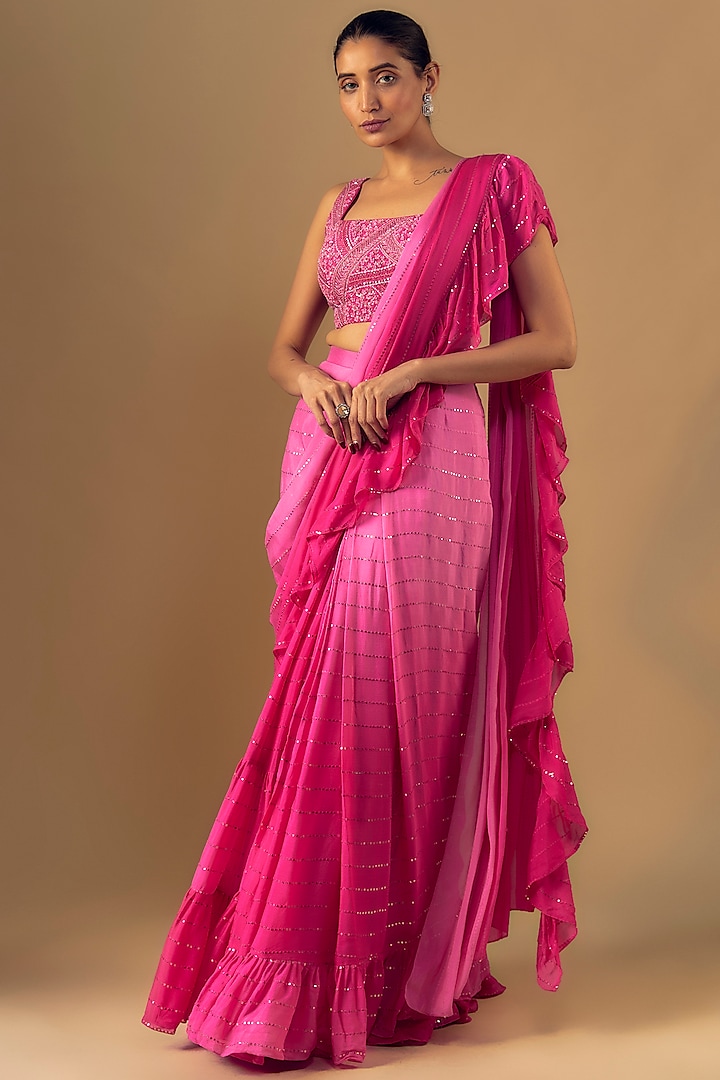 Pink Georgette Ruffled Shaded Saree Set by Chamee and Palak