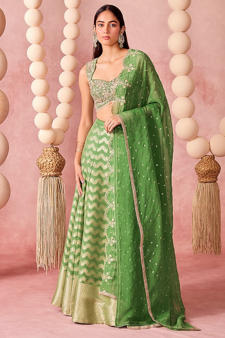 Green Jamawar & Silk Zardosi Embroidered Wedding Lehenga Set by Chamee and Palak at Pernia's Pop Up Shop