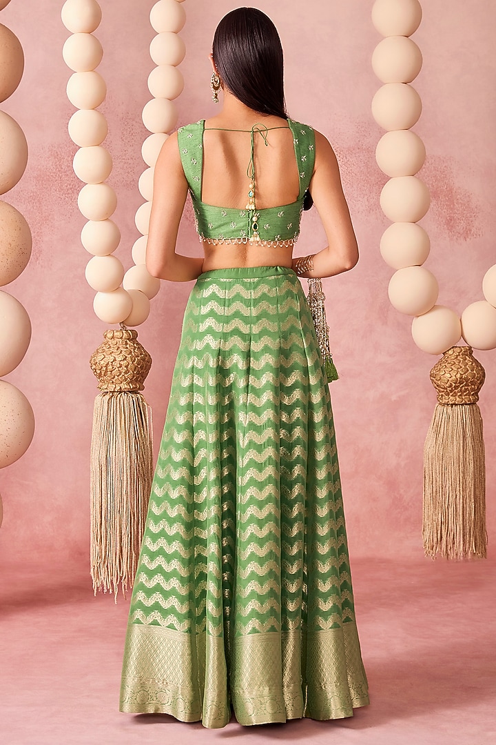Green Jamawar & Silk Zardosi Embroidered Wedding Lehenga Set by Chamee and Palak at Pernia's Pop Up Shop