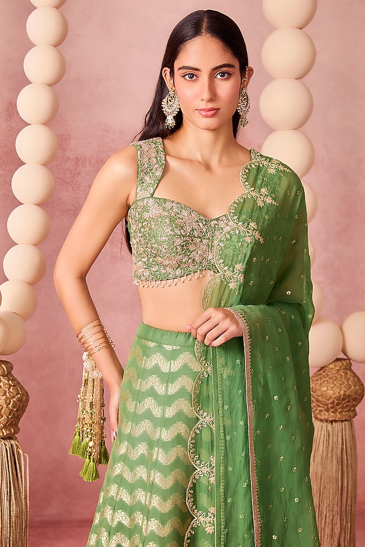 Green Jamawar & Silk Zardosi Embroidered Wedding Lehenga Set by Chamee and Palak at Pernia's Pop Up Shop