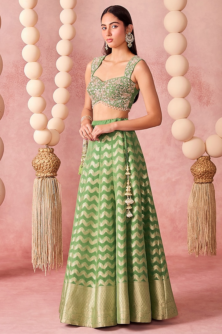 Green Jamawar & Silk Zardosi Embroidered Wedding Lehenga Set by Chamee and Palak at Pernia's Pop Up Shop