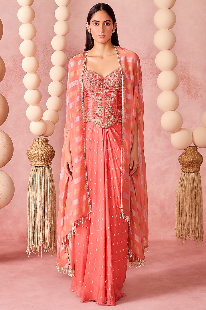 Coral Georgette Draped Skirt Set by Chamee and Palak at Pernia's Pop Up Shop