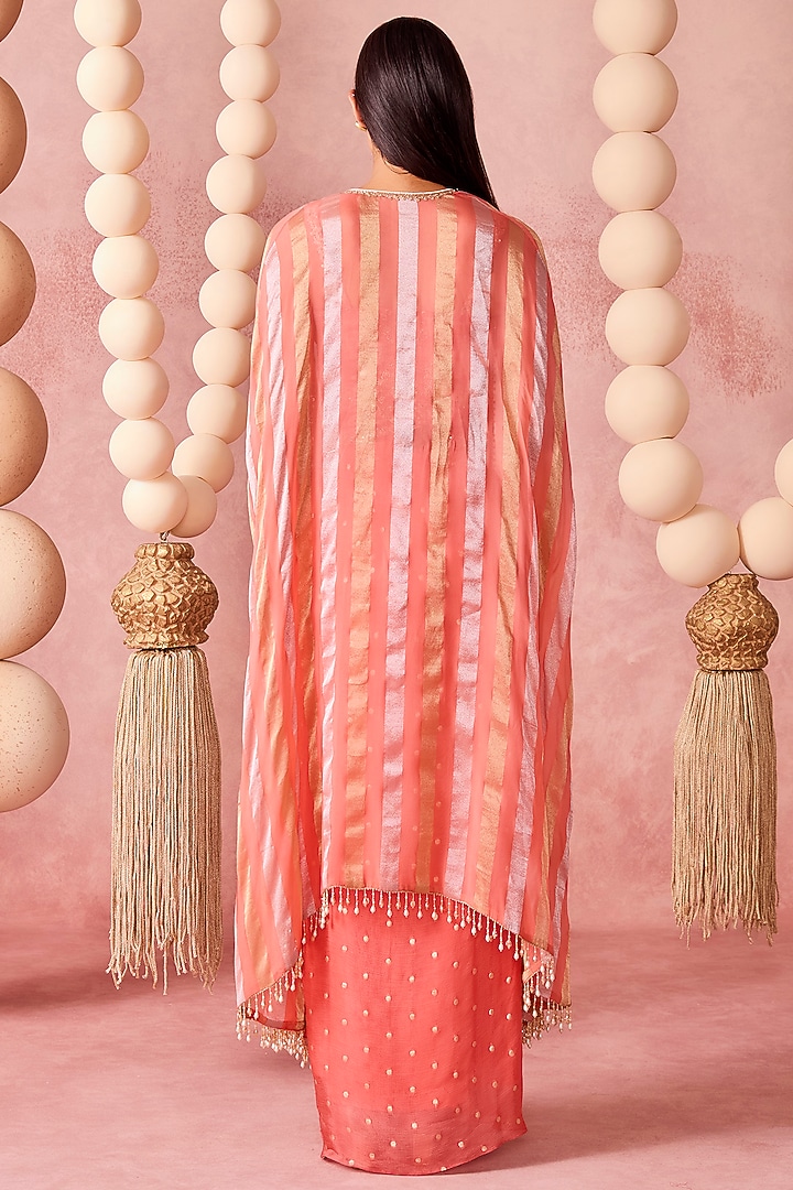Coral Georgette Draped Skirt Set by Chamee and Palak at Pernia's Pop Up Shop