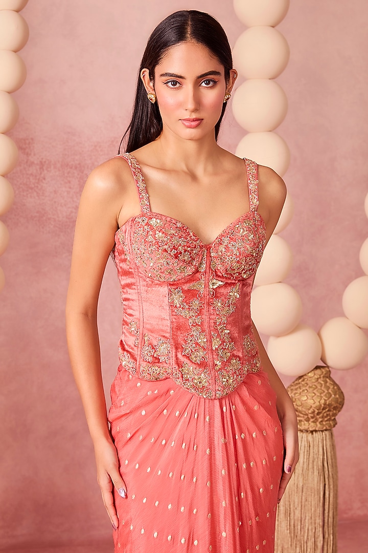 Coral Georgette Draped Skirt Set by Chamee and Palak at Pernia's Pop Up Shop