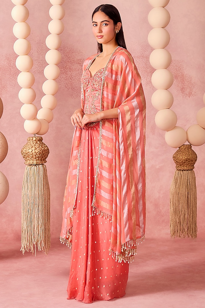 Coral Georgette Draped Skirt Set by Chamee and Palak at Pernia's Pop Up Shop