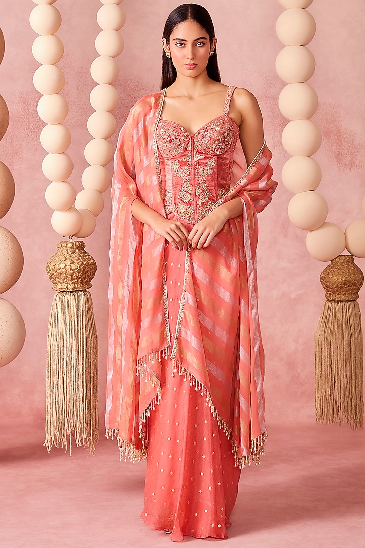 Coral Georgette Draped Skirt Set by Chamee and Palak at Pernia's Pop Up Shop