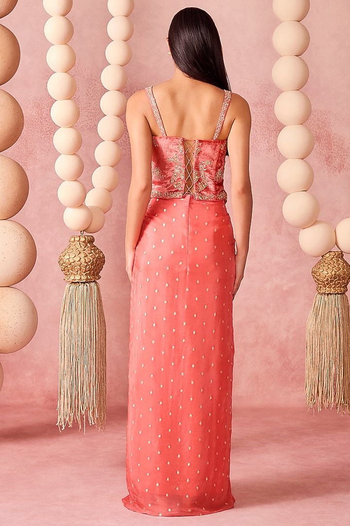 Coral Georgette Draped Skirt Set by Chamee and Palak at Pernia's Pop Up Shop