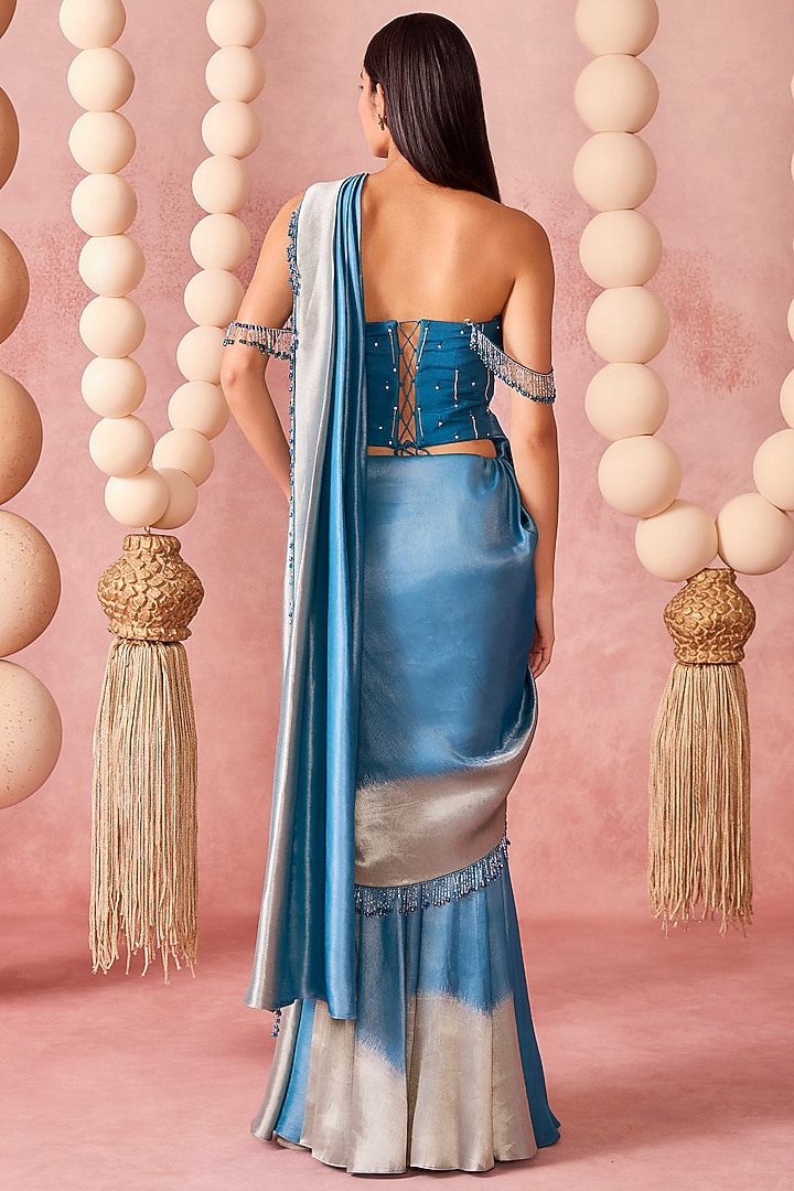 Blue & Silver Ombre Shimmer Tissue Pre-Draped Wedding Saree Set by Chamee and Palak at Pernia's Pop Up Shop