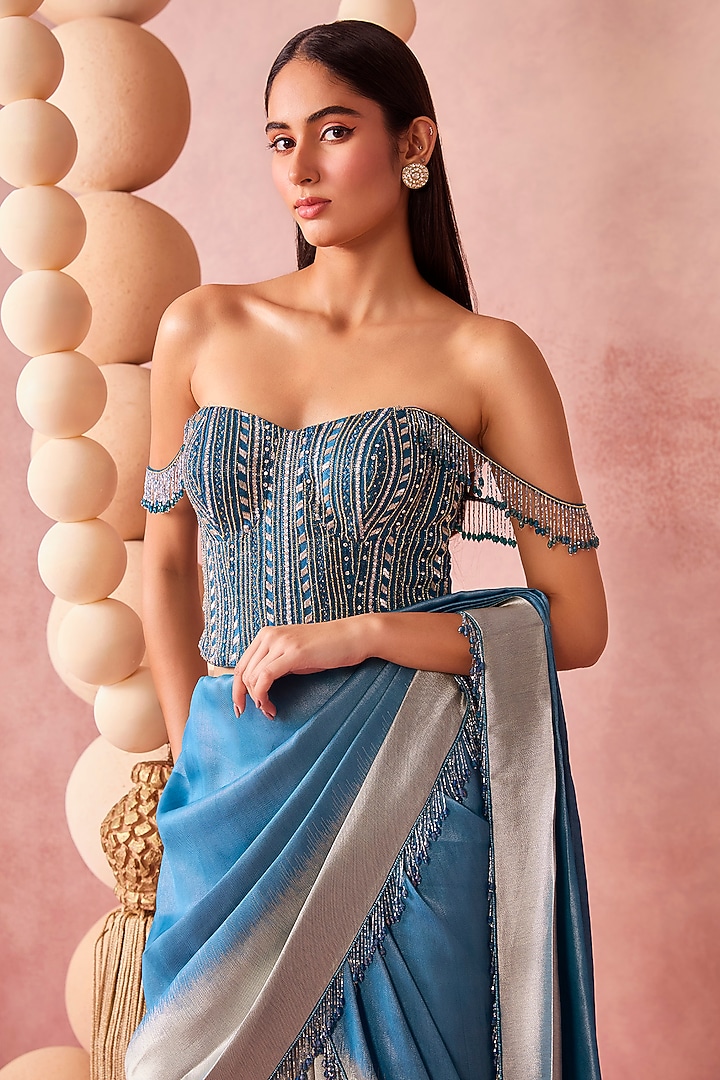 Blue & Silver Ombre Shimmer Tissue Pre-Draped Wedding Saree Set by Chamee and Palak at Pernia's Pop Up Shop