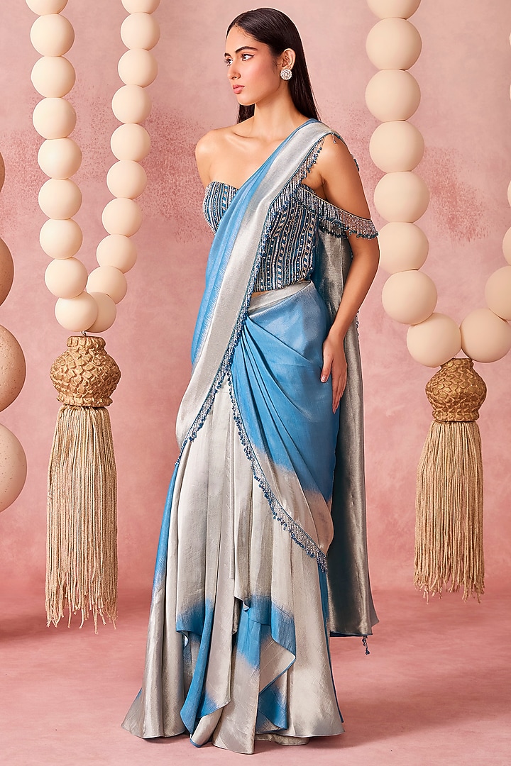Blue & Silver Ombre Shimmer Tissue Pre-Draped Wedding Saree Set by Chamee and Palak at Pernia's Pop Up Shop