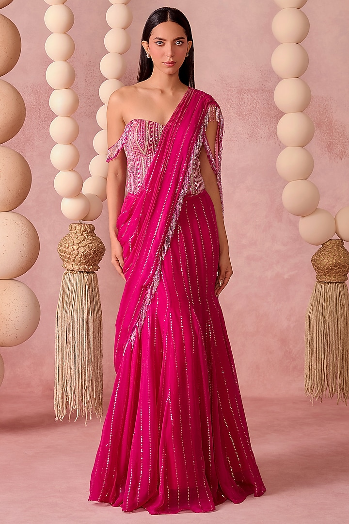 Pink Organza Sequins Pre-Draped Wedding Saree Set by Chamee and Palak at Pernia's Pop Up Shop