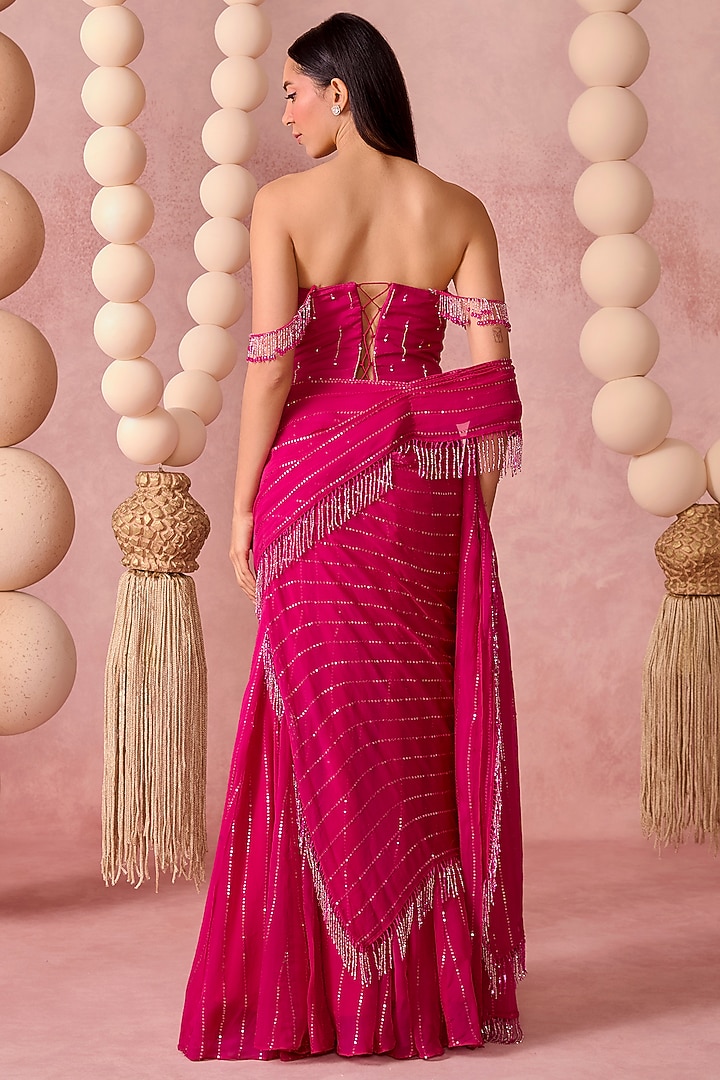 Pink Organza Sequins Pre-Draped Wedding Saree Set by Chamee and Palak at Pernia's Pop Up Shop