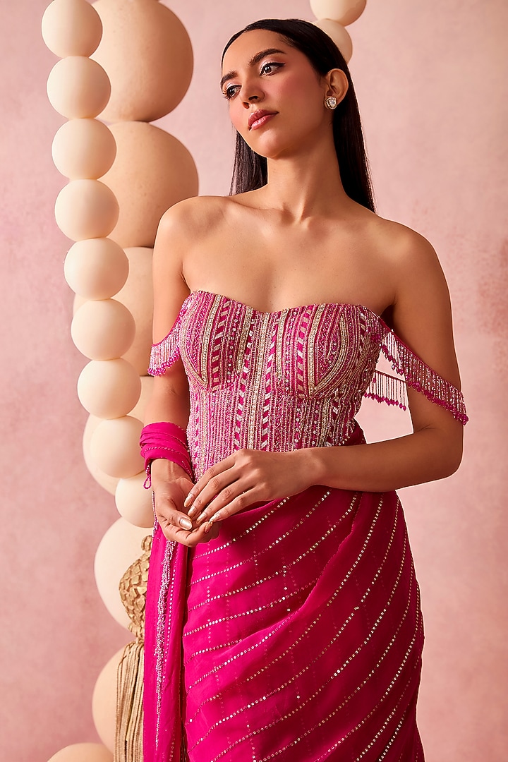 Pink Organza Sequins Pre-Draped Wedding Saree Set by Chamee and Palak at Pernia's Pop Up Shop