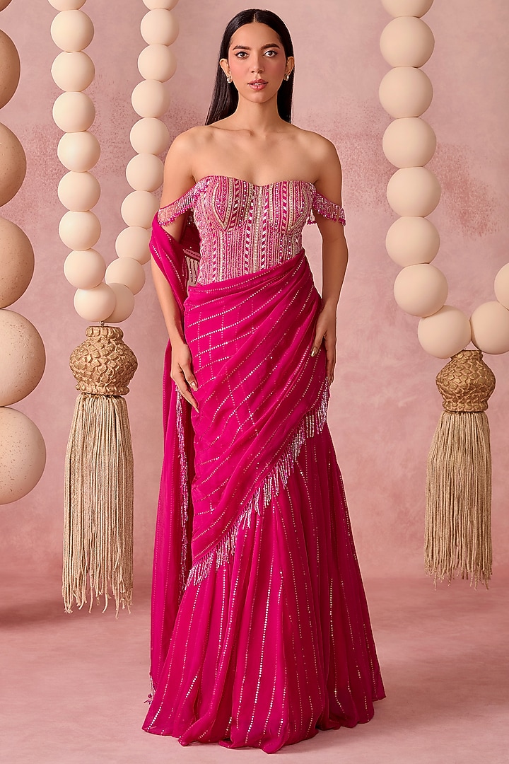 Pink Organza Sequins Pre-Draped Wedding Saree Set by Chamee and Palak at Pernia's Pop Up Shop