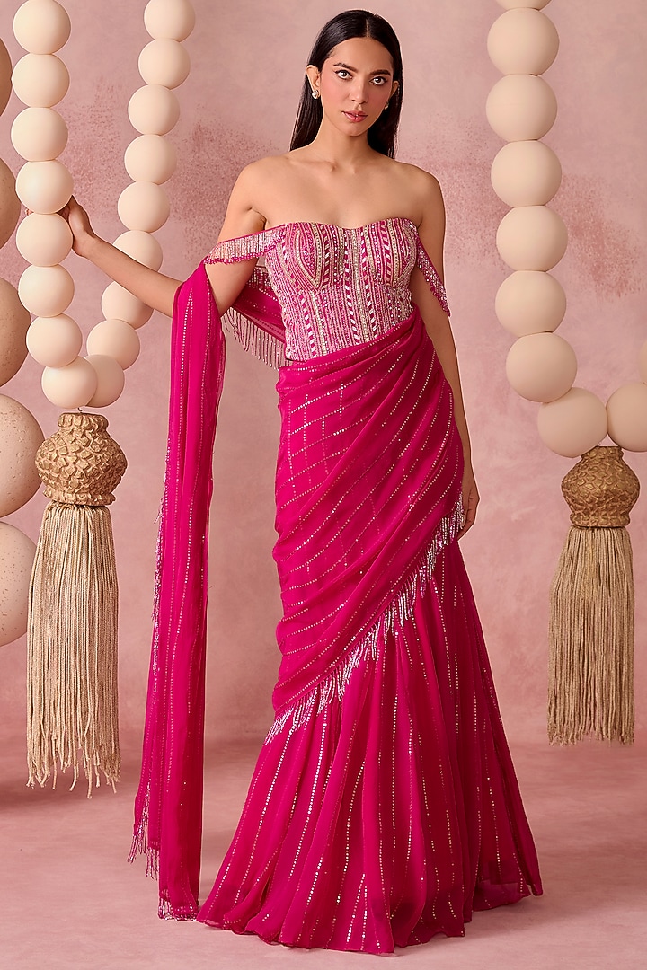 Pink Organza Sequins Pre-Draped Wedding Saree Set by Chamee and Palak at Pernia's Pop Up Shop