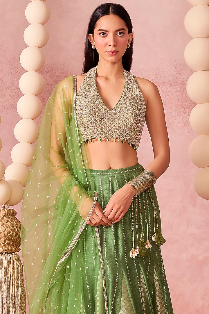 Green Jamawar & Silk Flared Wedding Lehenga Set by Chamee and Palak at Pernia's Pop Up Shop